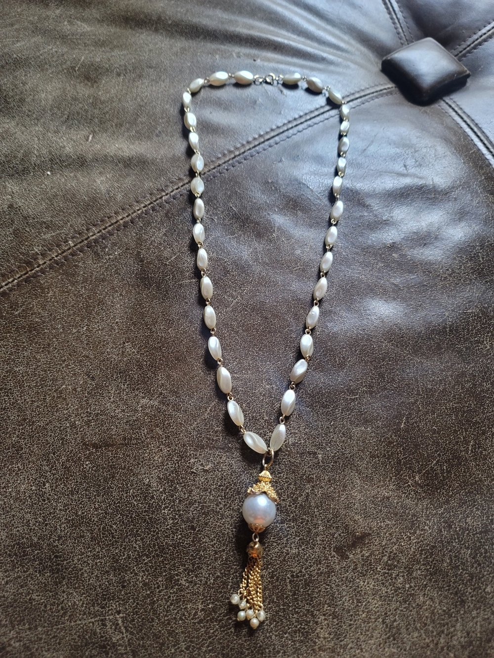 Vintage White Bead Necklace with Gold Tassel Drop